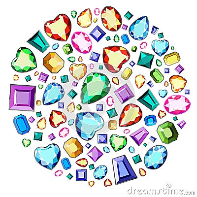 A set of precious stones of different colors and different cut. Diamonds in a circle. Vector Illustration